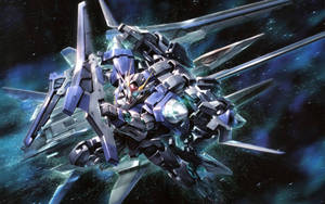 在太空中帶有發光部件和星空背景的詳細銀藍色機甲。 — 機動戰士鋼彈 壁紙