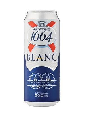 Kronenbourg 1664 Blanc 啤酒罐，柑橘風味，酒精含量5%。 — 3:4 壁紙