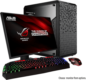 ASUS ROG遊戲PC，配備RGB鍵盤、滑鼠和顯示器，顯示冠軍標語。