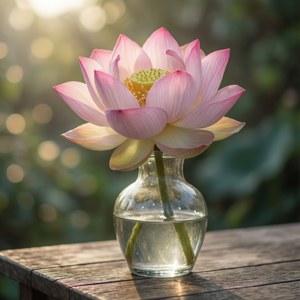 粉紅蓮花在玻璃花瓶裡，放在木桌上，背景是柔和的陽光 — 蓮花 GIF 壁紙