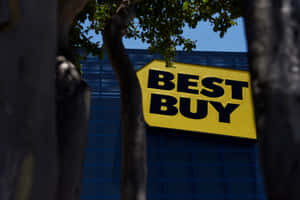陽光明媚的日子裡，透過樹枝看到的Best Buy商店標誌。 — 最佳購買 壁紙