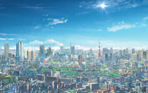充滿活力的動漫風格城市景觀，摩天大樓和紅色塔樓在明亮的陽光下。 — 東京 壁紙