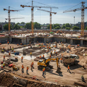 大型建築工地，有起重機、工人和重型機械，在晴朗天空下 — 城市 壁紙