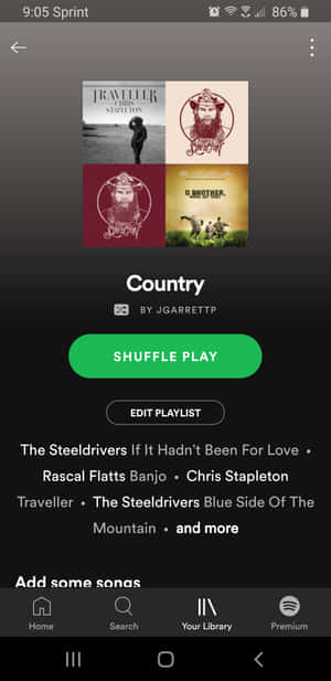 Spotify應用程式顯示一個帶有隨機播放按鈕的鄉村音樂播放列表。 — Spotify 壁紙