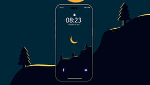 手機鎖定螢幕顯示夜間場景，黑暗山丘上有月亮和松樹。 — 極簡 iPhone 壁紙