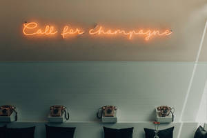霓虹燈牌寫著 call for champagne，在藍色牆上的復古轉盤電話上方。 — 霓虹 壁紙