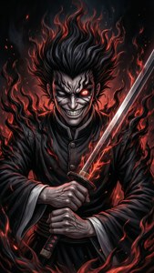 一個帶有發光紅眼和威嚇笑容的火焰動漫武士握著劍。 — 幽遊白書 壁紙