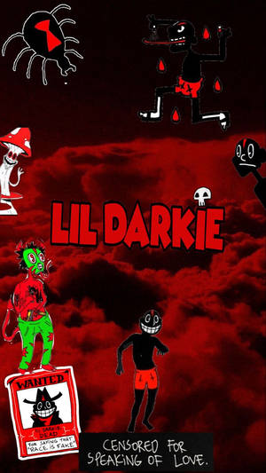 暗紅色天空中的卡通角色，帶有「Lil Darkie」文字和一張通緝海報。 — 音樂 壁紙