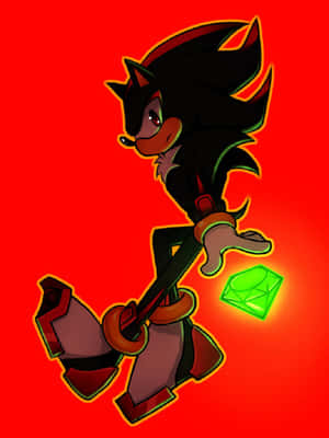 Shadow the Hedgehog在紅色背景前手持發光綠色寶石。 — Kindle 壁紙