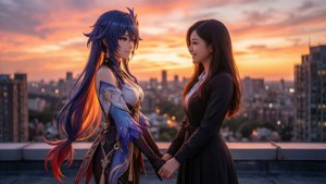 琪亞娜與梅在夕陽下共享溫柔時刻。