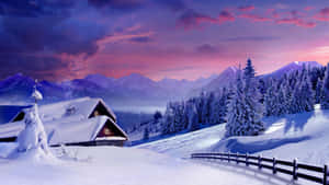 暮色中山谷雪覆蓋小屋紫色粉紅天空 — 冬季風景 壁紙