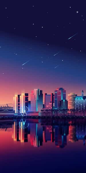 夜晚的霓虹城市天際線，水面倒映著星軌。 — 18:9 壁紙