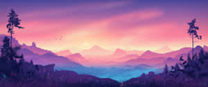暮色中的紫色和粉紅色山脈，剪影樹木和星星 — 2560x1080 壁紙