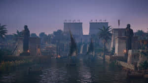 暮色中的古埃及神廟建築群，運河上有帆船。 — 電玩遊戲 GIF 壁紙