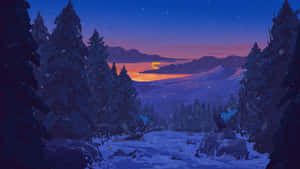暮色中的雪地森林，發光月亮下的岩石上棲息著貓頭鷹。 — 冬季風景 壁紙