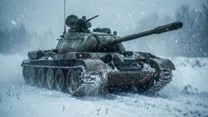 一輛軍用坦克在冬季景觀中穿越大雪。