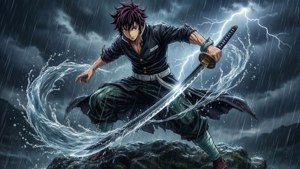 動漫戰士在雷暴期間用劍劃過岩石懸崖上的水。 — 富岡義勇 壁紙