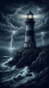 一幅充滿戲劇性的暗色向量壁紙，描繪暴風雨中的燈塔。 — 暗色 壁紙
