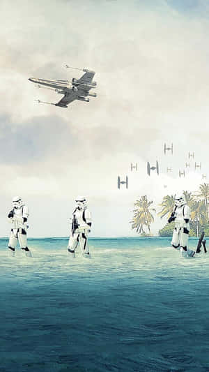 暴風兵在海水中行走，星際戰鬥機在棕櫚樹上方飛翔。 — 棕櫚樹日落 壁紙