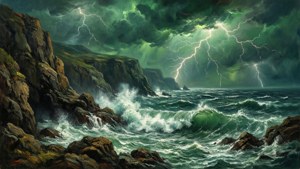 風暴綠色閃電在撞擊崎嶇懸崖的海浪之上。 — 綠色天空 壁紙