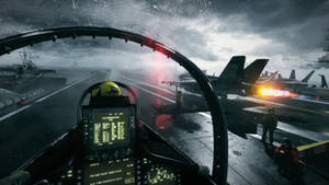 夜晚暴風雨航空母艦甲板上的戰鬥機駕駛艙視角 — 4K 電腦 壁紙