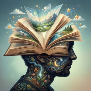 一個人的頭部，有一本打開的書展現出風景和星星，並飾有花卉圖案。 — 夢幻 GIF 壁紙