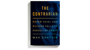 Max Chafkin 所著的《The Contrarian》書籍封面，帶有 Peter Thiel 的藍色調肖像。 — 閱讀 壁紙