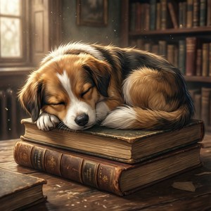 一隻睡著的小狗蜷縮在木製圖書館中堆疊的復古書籍上。 — 動漫狗 壁紙