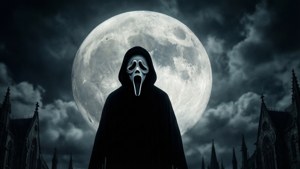 一個戴面具的恐怖人物站在哥德式建築之間的滿月下。 — 吶喊 壁紙
