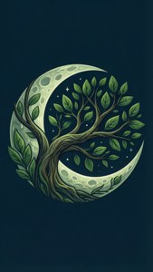 一棵從新月生長出來的樹，背景有星星。 — 月光 壁紙