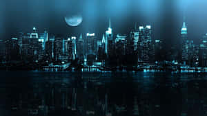 月光下的城市天際線，摩天大樓夜間倒映在水中。 — 城市風景 壁紙