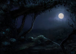 扭曲的樹木框住夜間霧氣瀰漫的森林空地上方一輪發光的月亮。 — 高畫質月亮 壁紙