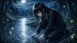 一位憂傷的動漫少年在夜晚跪在河邊，月光下輕觸水面。
