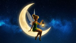 小叮噹在彎月上提著發光的燈籠，背景是星空。 — 奇妙仙子 動圖 壁紙