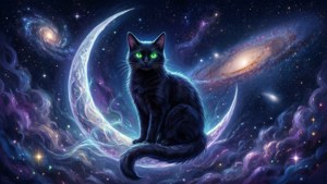 發光眼睛的黑貓棲息在星空銀河的彎月上 — 動漫貓 壁紙