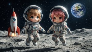 兩個動漫風格的孩子穿著太空衣在月球上漂浮，靠近火箭，背景有地球。 — 雙子星 壁紙