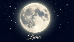 滿月在繁星點點的夜空中閃耀，下方寫有Luna。 — 月光 壁紙