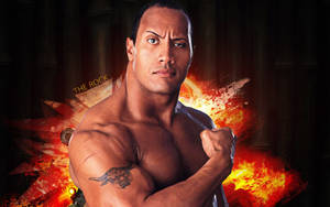 摔角手 The Rock 在身後熾熱爆炸下展示肌肉。