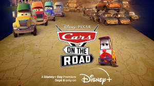 迪士尼皮克斯《Cars on the Road》宣傳海報，地圖上有動畫車輛。 — 迪士尼汽車總動員 壁紙