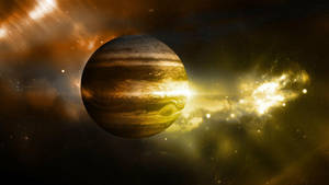 木星被金色星雲和深空中的星星照亮。 — 木星 GIF 壁紙