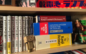 書架上有日本漫畫字典和動漫人偶。 — 字典 壁紙