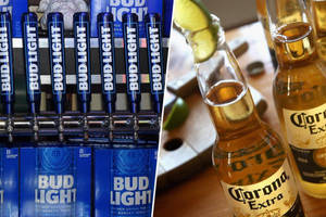 木桌上Bud Light啤酒龍頭與Corona Extra瓶裝及萊姆角。 — 麥迪遜·比爾 壁紙