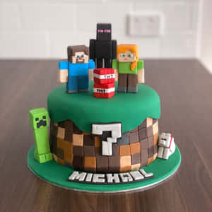 Minecraft蛋糕，木桌上有Steve、Alex、Enderman、Creeper和TNT。 — 蛋糕 壁紙
