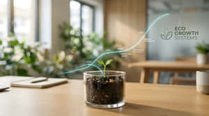 玻璃罐中的小植物嫩芽，帶有顯示eco growth systems的發光增長圖表。 — 成功 壁紙