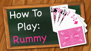 黑板寫著「How To Play: Rummy」和粉紅色撲克牌在木質表面。 — 桌面 壁紙