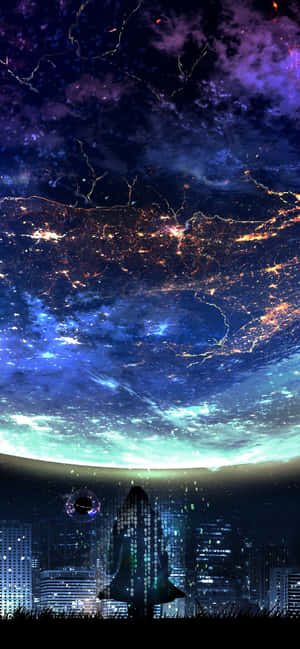 在充滿閃爍星星和星雲的鮮豔宇宙夜空下的未來城市天際線。 — iPhone 14 Plus 壁紙