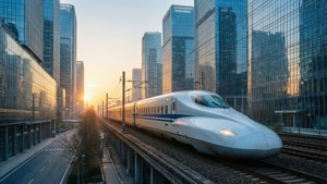 一列高速列車在日落時分穿過現代城市。 — 火車 壁紙