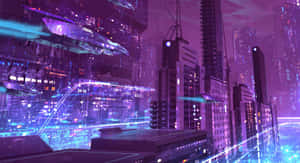 未來城市夜景，霓虹燈和飛行車輛。 — 紫羅蘭 壁紙