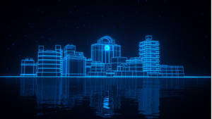 夜晚星空下，水中倒映的霓虹藍線框城市天際線。 — 城市燈光 壁紙