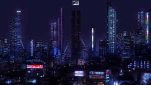 未來城市夜景，閃爍的摩天大樓和霓虹燈光。 — 賽博龐克城市 壁紙